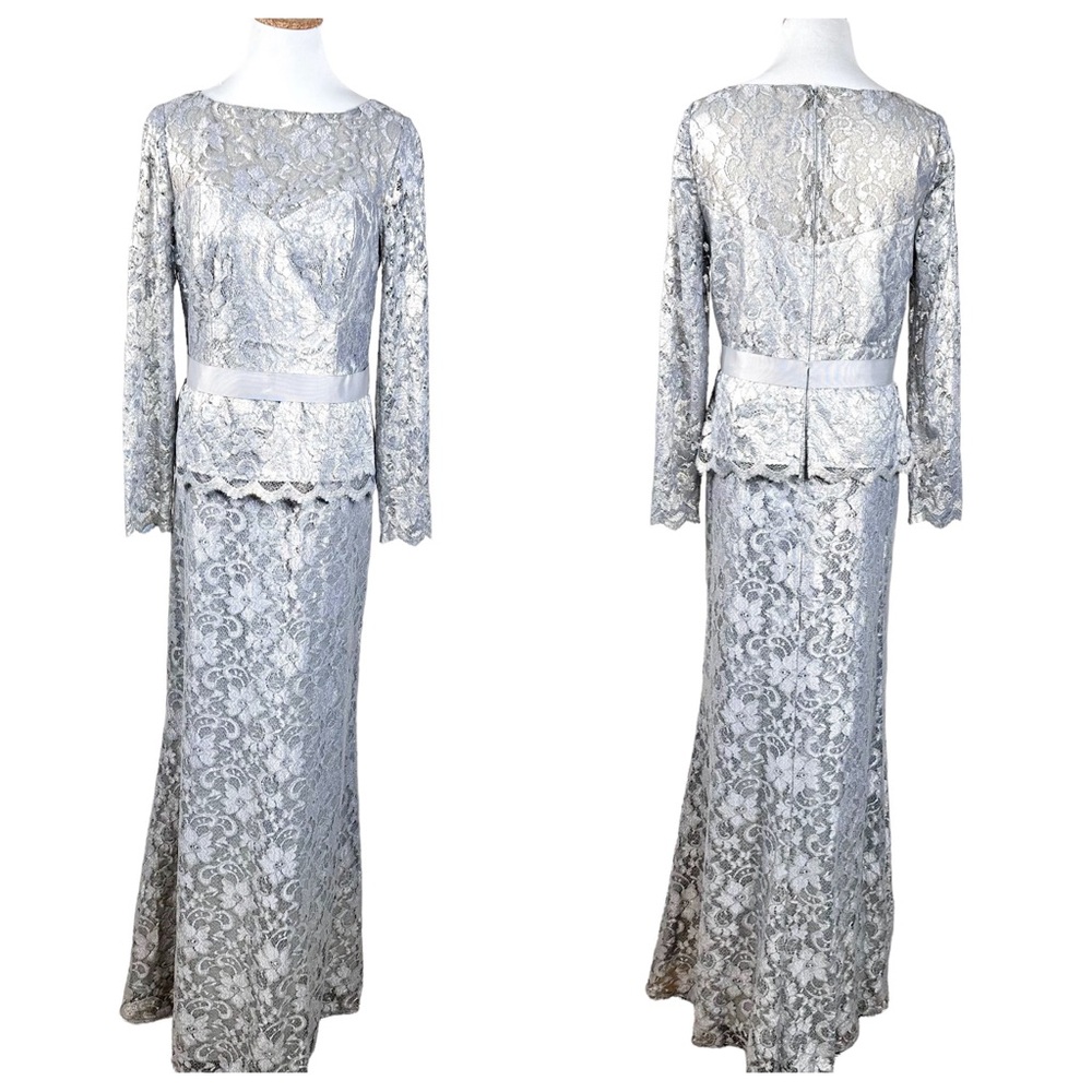 Cachet NEW Lace Gown Maxi Dress Gray Blue Metallic SZ 8 Wedding Mother of Bride
